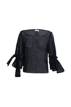 Tie Sleeve Floral Broderie Top Navy