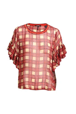 Plaid Ruffle Sleeve Top - Red