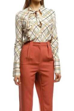 Multi Plaid Tie Neck Top